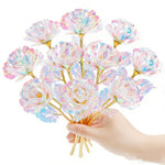HASTHIP® Zibuyu 10Pcs Rosas Artificiales Iridiscentes, Flores Falsas con Aspecto Cristalino y Tallos y Hojas Dorados, Ramo Brillante para Regalos, Bodas y Decoración del Hogar, 7.5x25cm