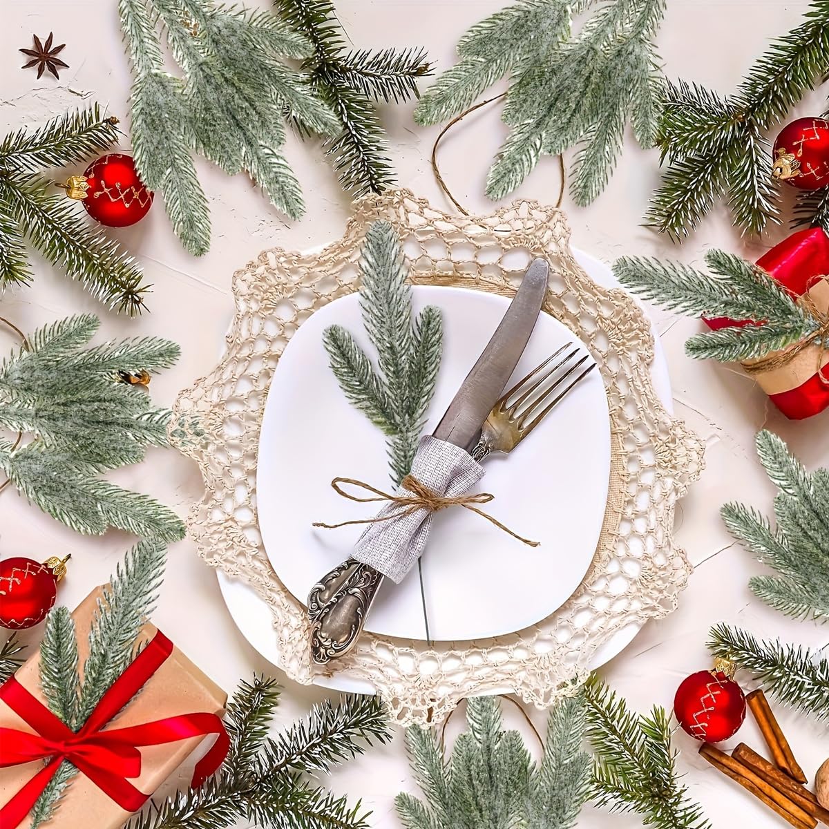 HASTHIP Christmas Tree Ornaments for Home Décor featuring 60pcs 10.24in Snow Dusted Pine Branches