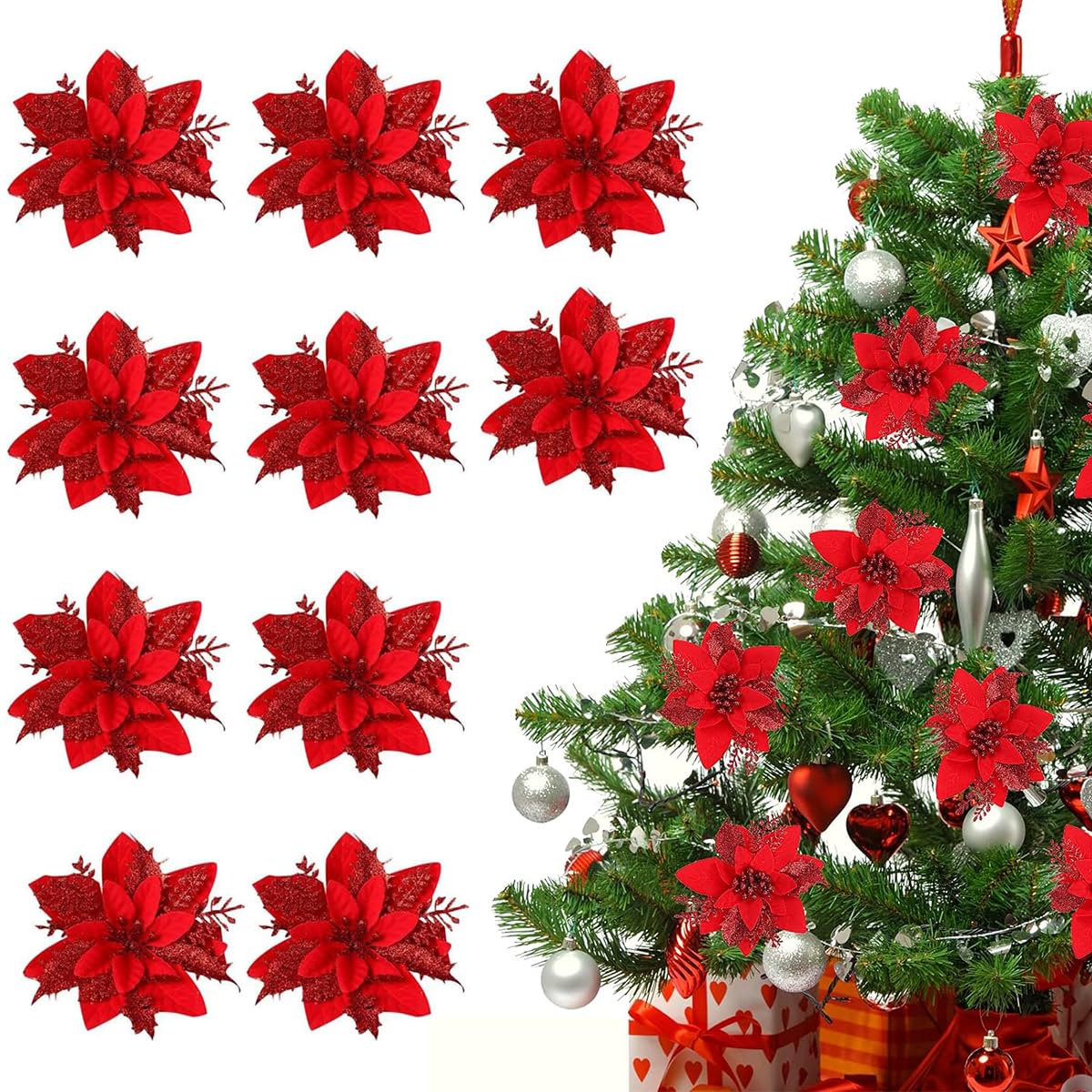 HASTHIP Christmas Poinsettia Flowers for Tree and Home Décor 10 Pcs | Sparkling Red 6 in Ornaments