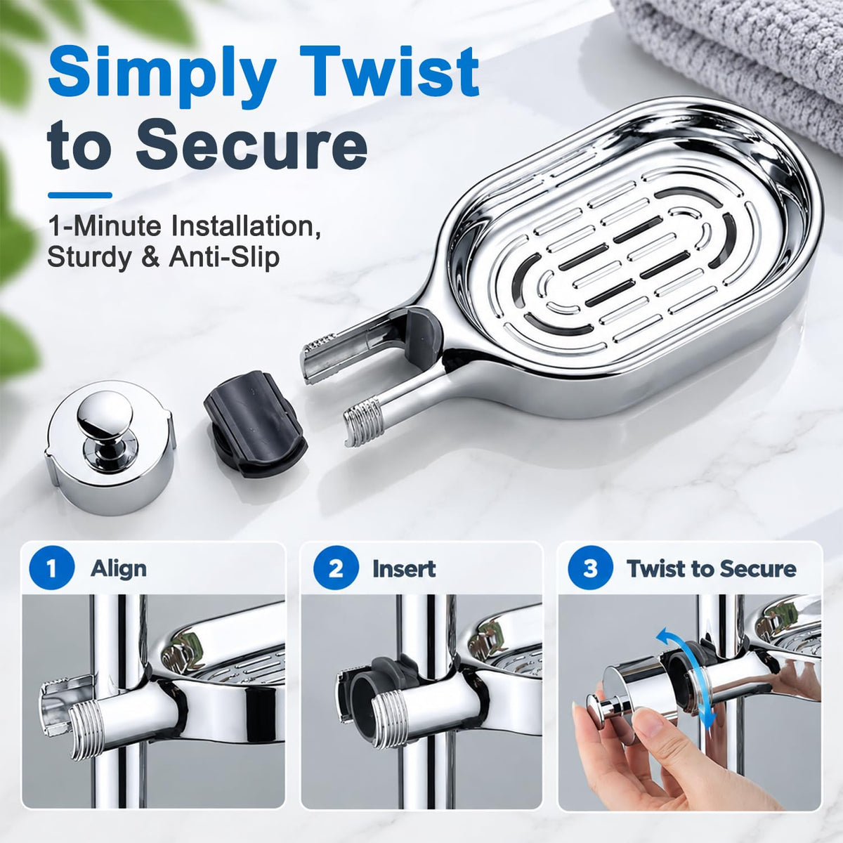 HASTHIP Shower Rail Soap Dish with Twist-On Mount, Drainage Holes and ABS/POM Construction