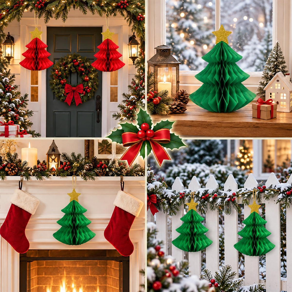 HASTHIP 6-Piece Paper Christmas Tree Decorations with Honeycomb Design, Gold Stars and Two Sizes
