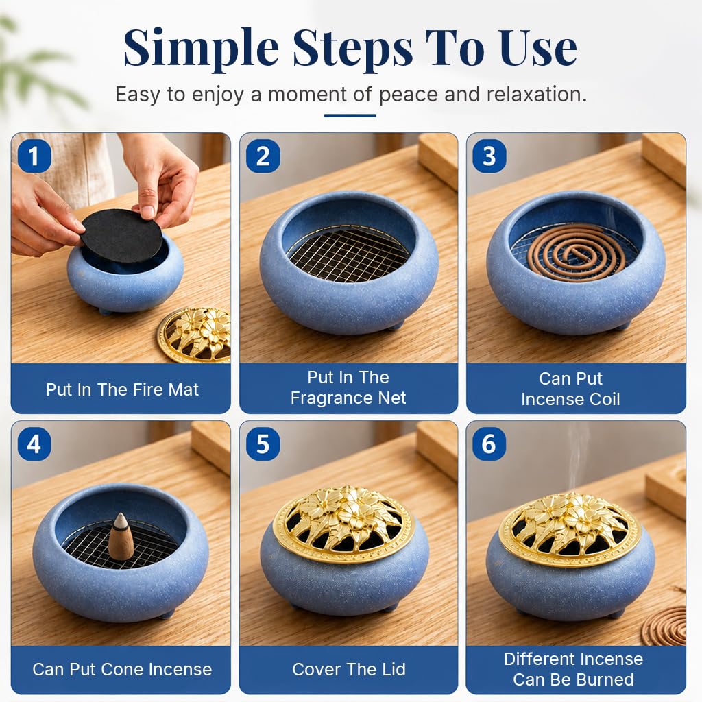 HASTHIP Blue Ceramic Incense Burner with Floral Lid, Mesh Insert and Protective Pad