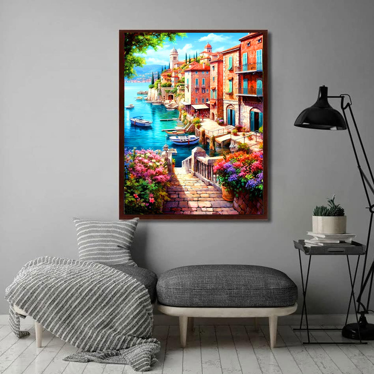 HASTHIP® Diamond Painting Kit 12x16 inch DIY Diamond Art Craft Kit Lakeside Town Scenery Diamond Painting Material Kit for Home Wall Decor Home Gift, with Tools and Accessories
