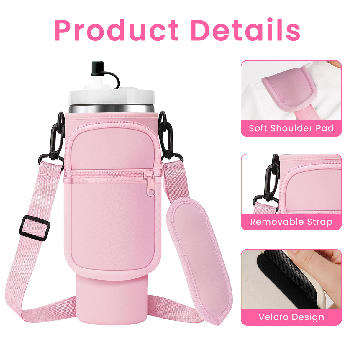 HASTHIP® Water Bottle Carrier Bag for Stanley 40/30 oz Tumbler with Phone Pocket Water Bottle Holder with Strap Neoprene Water Bottle Pouch for Stanley Cup Accessories (Pink)