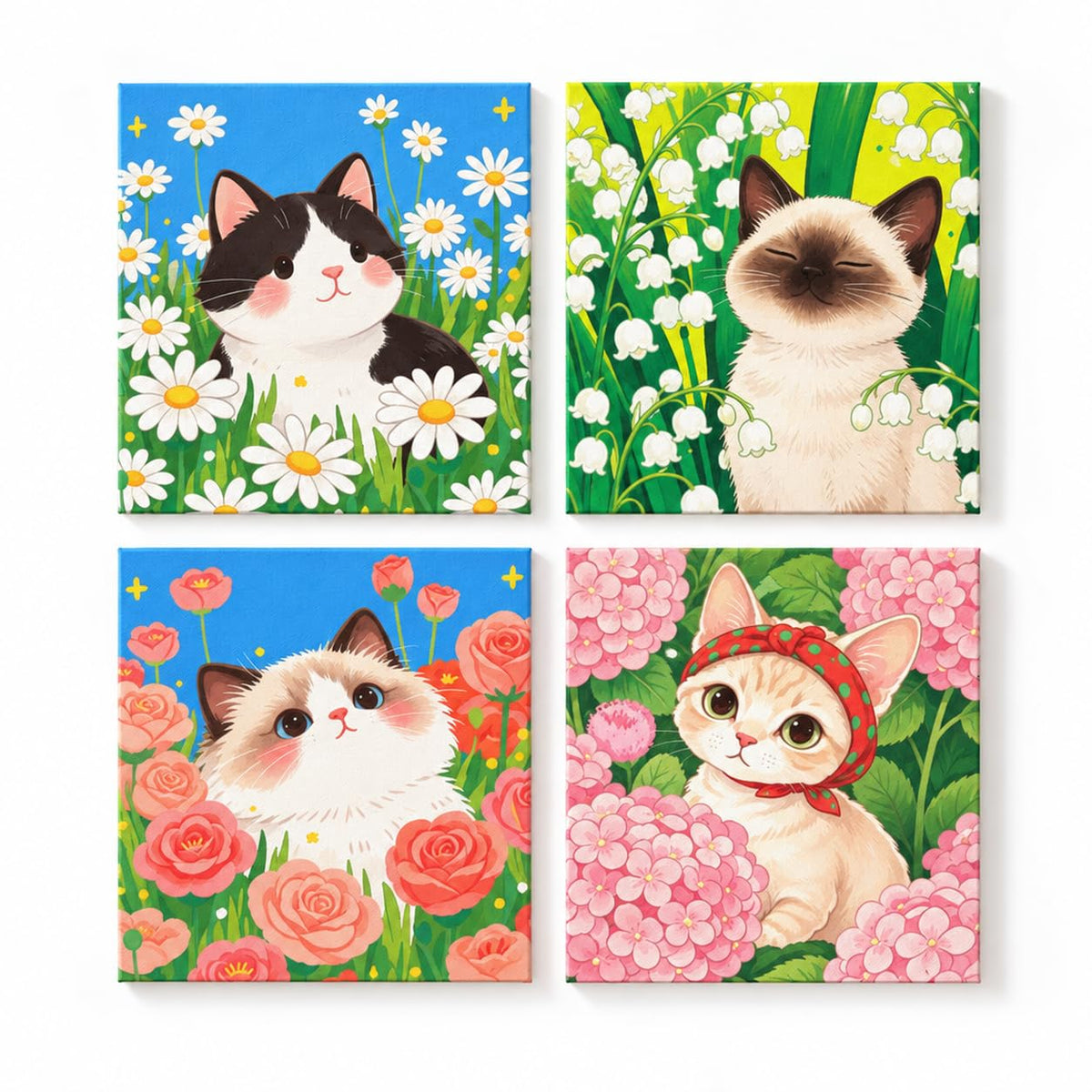 HASTHIP 4 Pack Paint by Numbers Kits with Framed Cat and Flower Canvases, Paints and Brushes