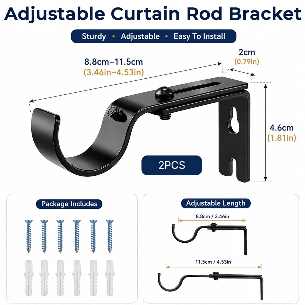 HASTHIP Adjustable Curtain Rod Brackets for 1 inch Rods, 3.5–4.5-Inch Reach, Black Finish