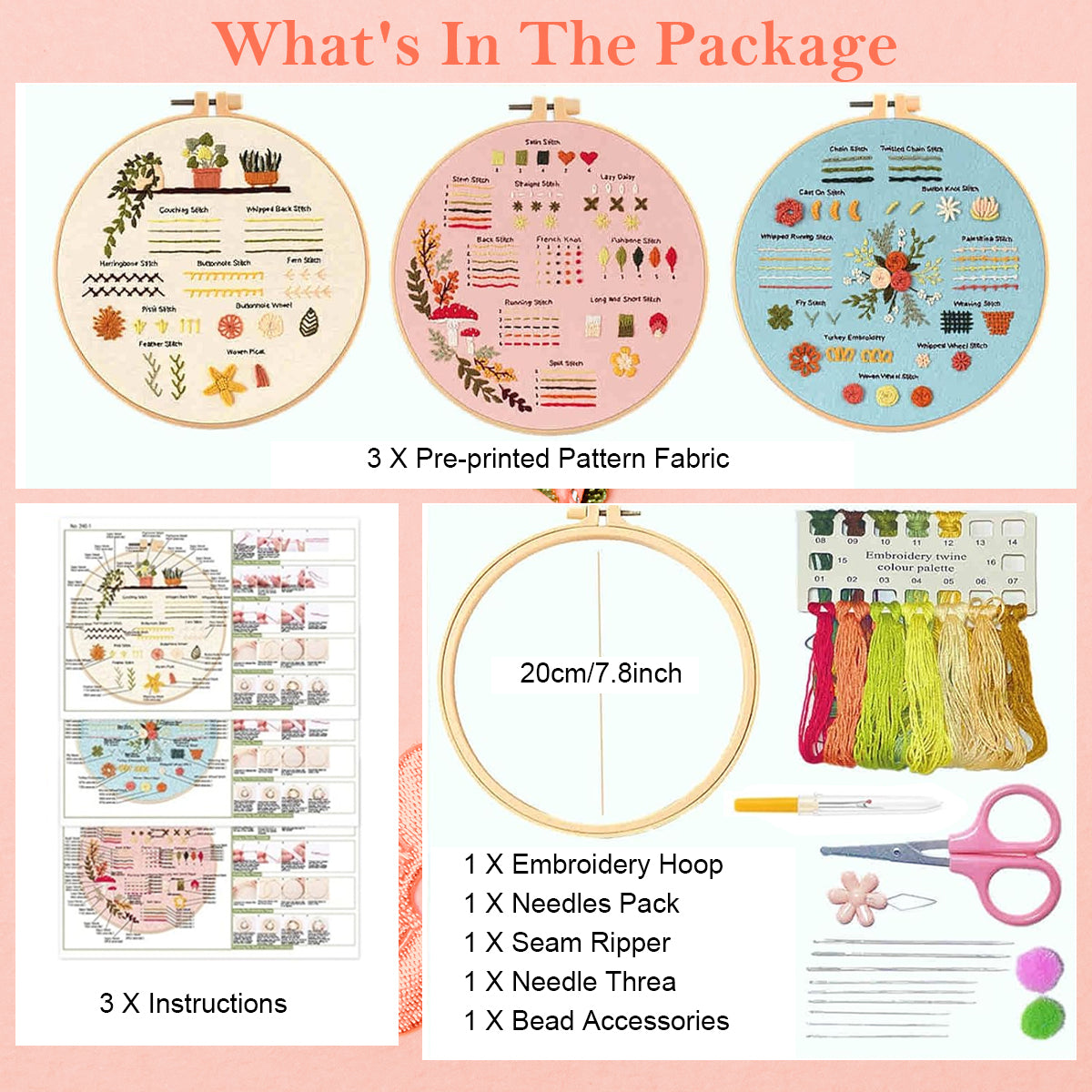 HASTHIP® 3 Sets DIY Embroidery Kit for Beginners Pre-Embroideried Stitch Practice Kit for Beginners Adults, Stitch Practice Kit, Includes Cloth with Pattern, Hoop, Colorful Threads and Scissors