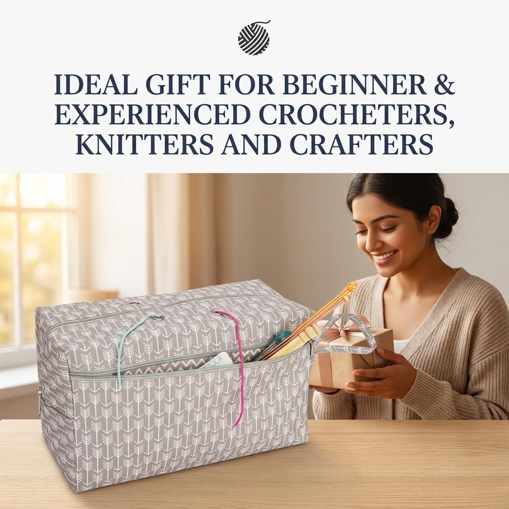 HASTHIP Yarn Storage Organizer Tote with Cotton Fabric, Four Grommets and Separate Accessory Pocket