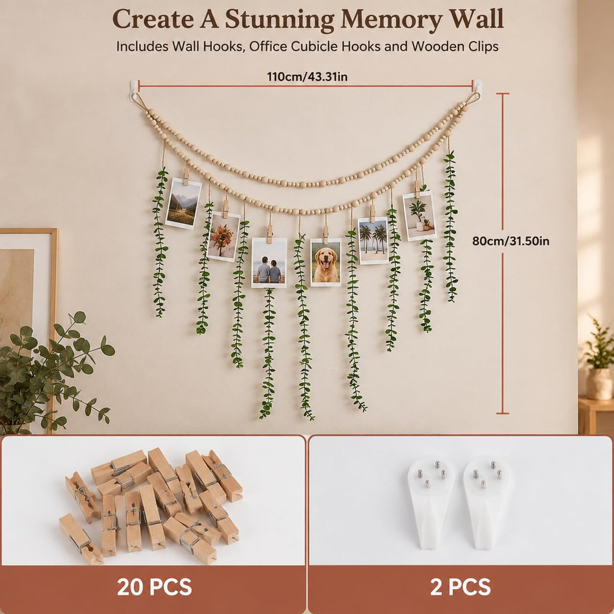 HASTHIP Boho Hanging Photo Display with Artificial Greenery, 20 Clips and Non-Marking Hooks