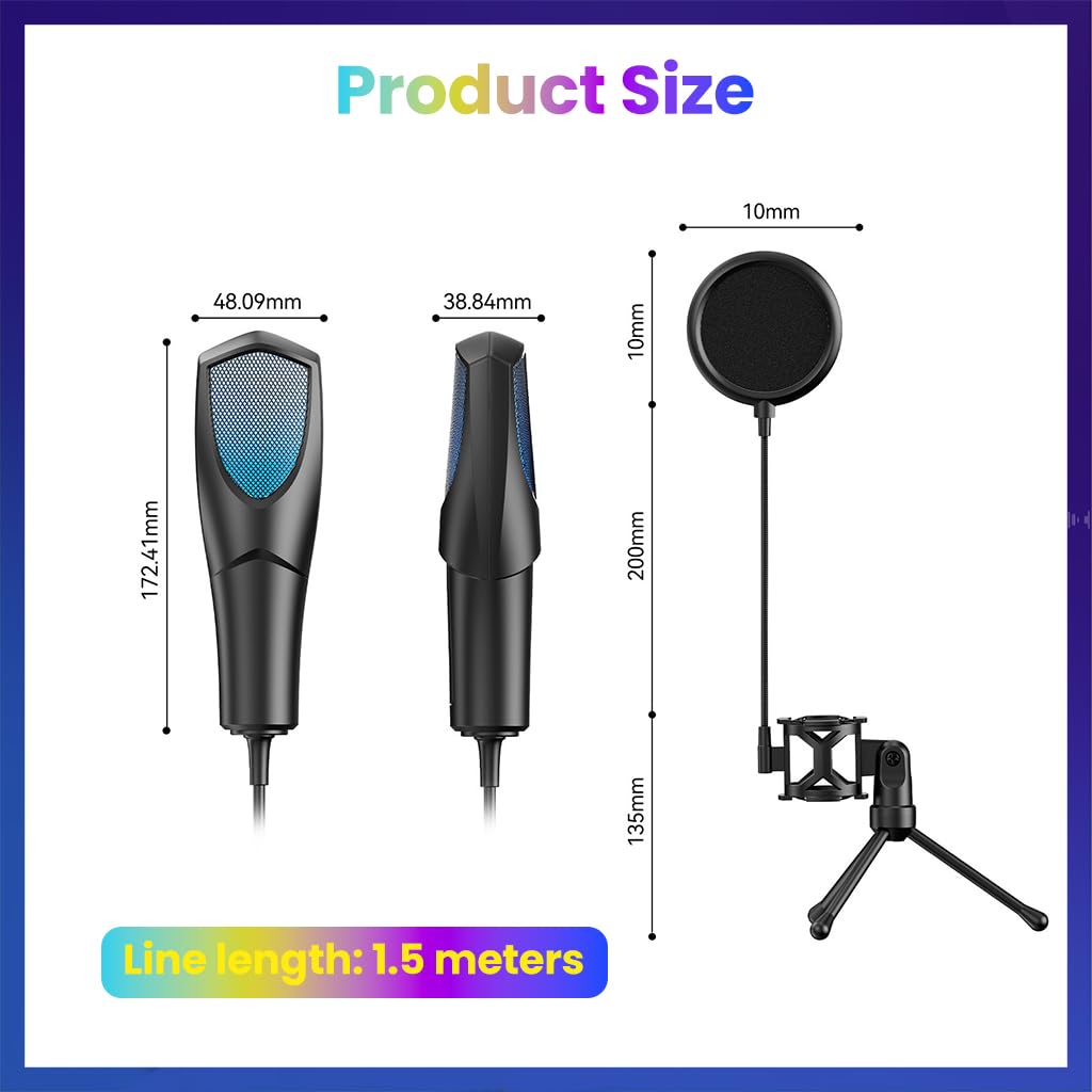 HASTHIP USB Condenser Microphone with RGB Lighting, Pop Filter and Tripod Stand for Streaming
