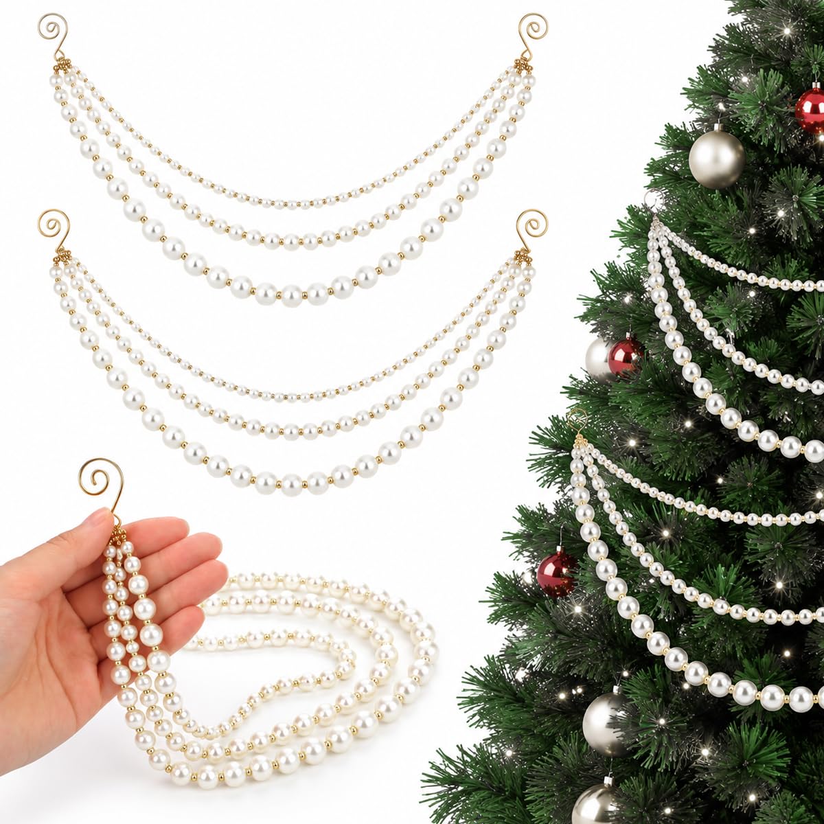 HASTHIP 2-Piece Christmas Pearl Garland, Cascading Faux Bead Chains with Pre-Installed Spiral Hooks