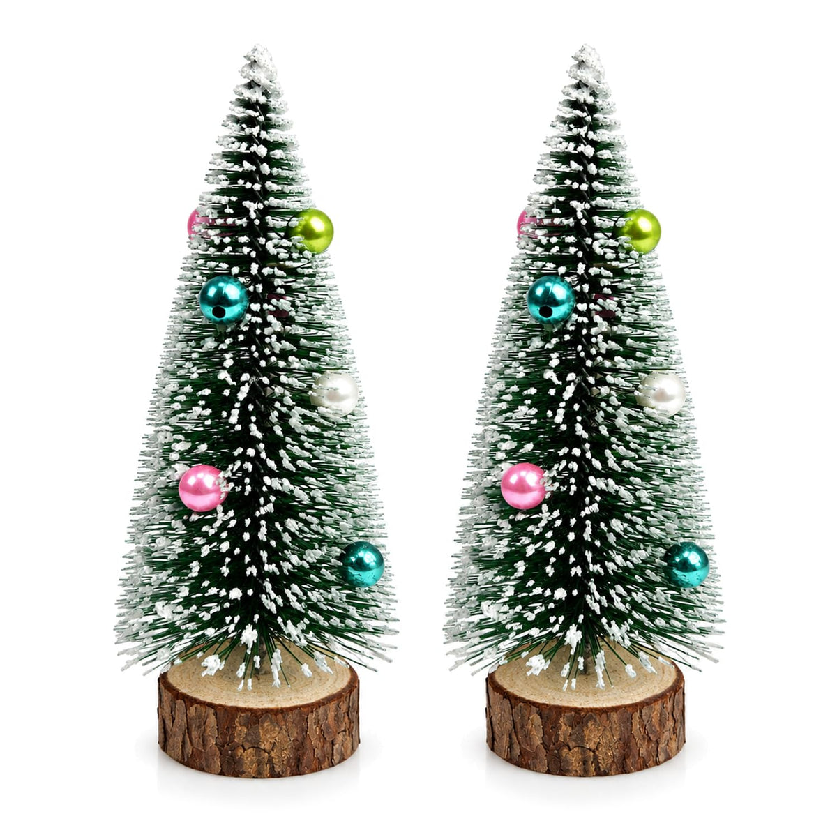 HASTHIP 2-Piece 15cm Mini Christmas Trees with Frosted Sisal, Bead Ornaments and Wood Bases