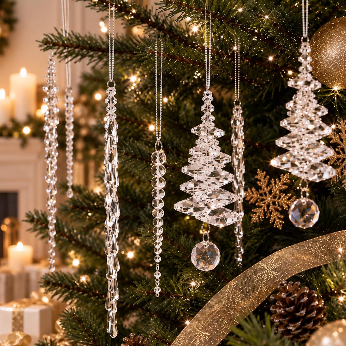HASTHIP 24-Piece Acrylic Icicle Christmas Tree Ornaments with Three Winter Styles and Lanyards
