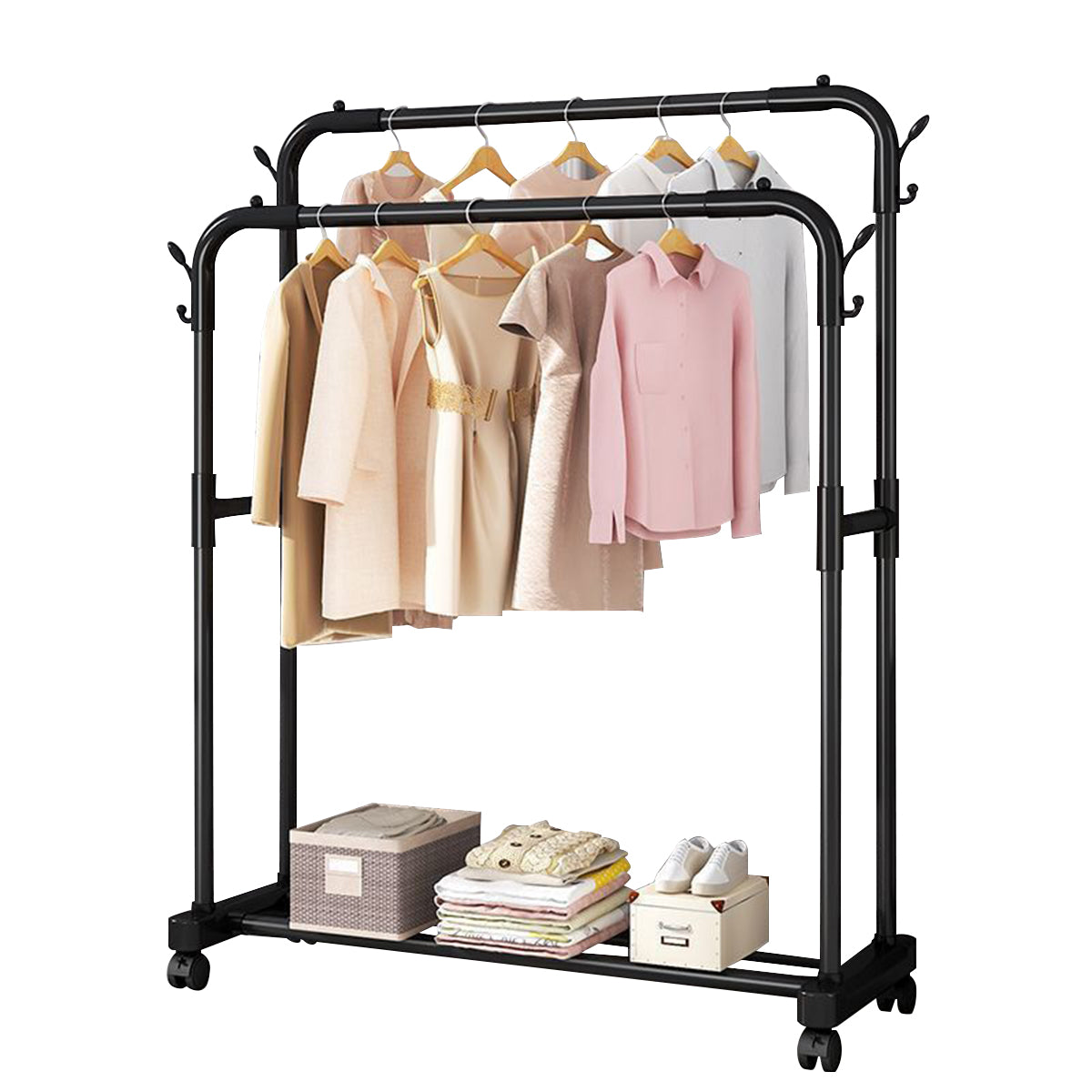 HASTHIP® Garment Organizer Rack Moving Floor Clothes Rack Garment Rack with Wheel Double Layer Metal Clothes Organizer Rack with Utiliy Shoe Rack Multi Purpose Open Garment Organizer Rack