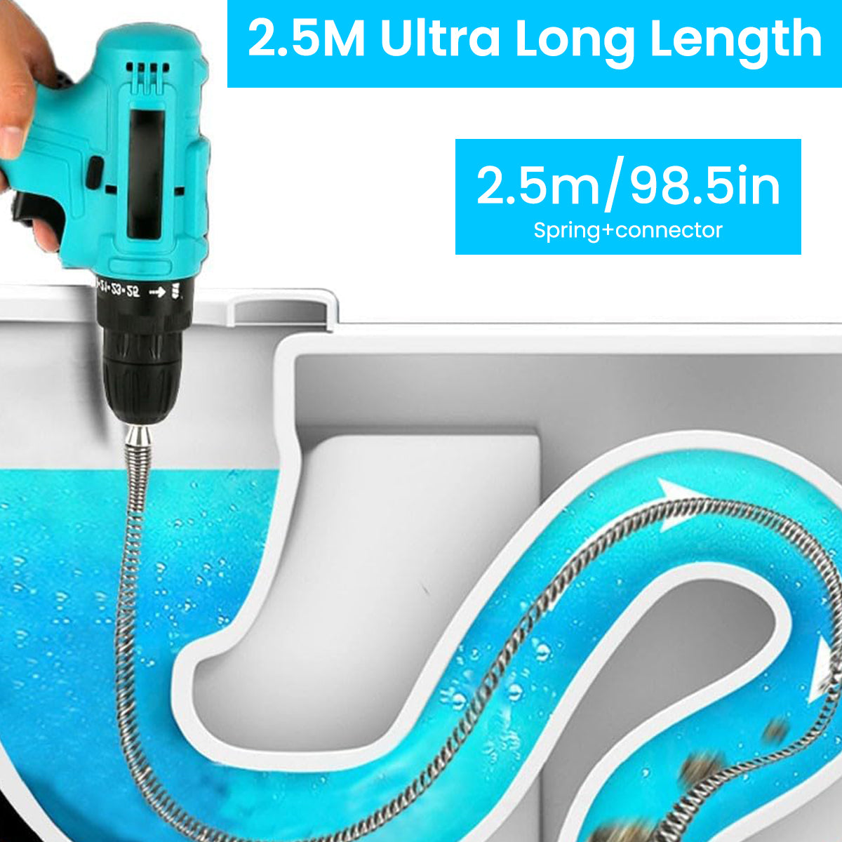 HASTHIP® Drain Pipe Cleaner Drain Cleaning Cable 8.2Ft Metal Wire Drain Pipe Cleaner Power Drill Attachment with Adapter Universal Hex Shrank Spiral Drain Cleaning Cable for Power Tool, Rotary Tool
