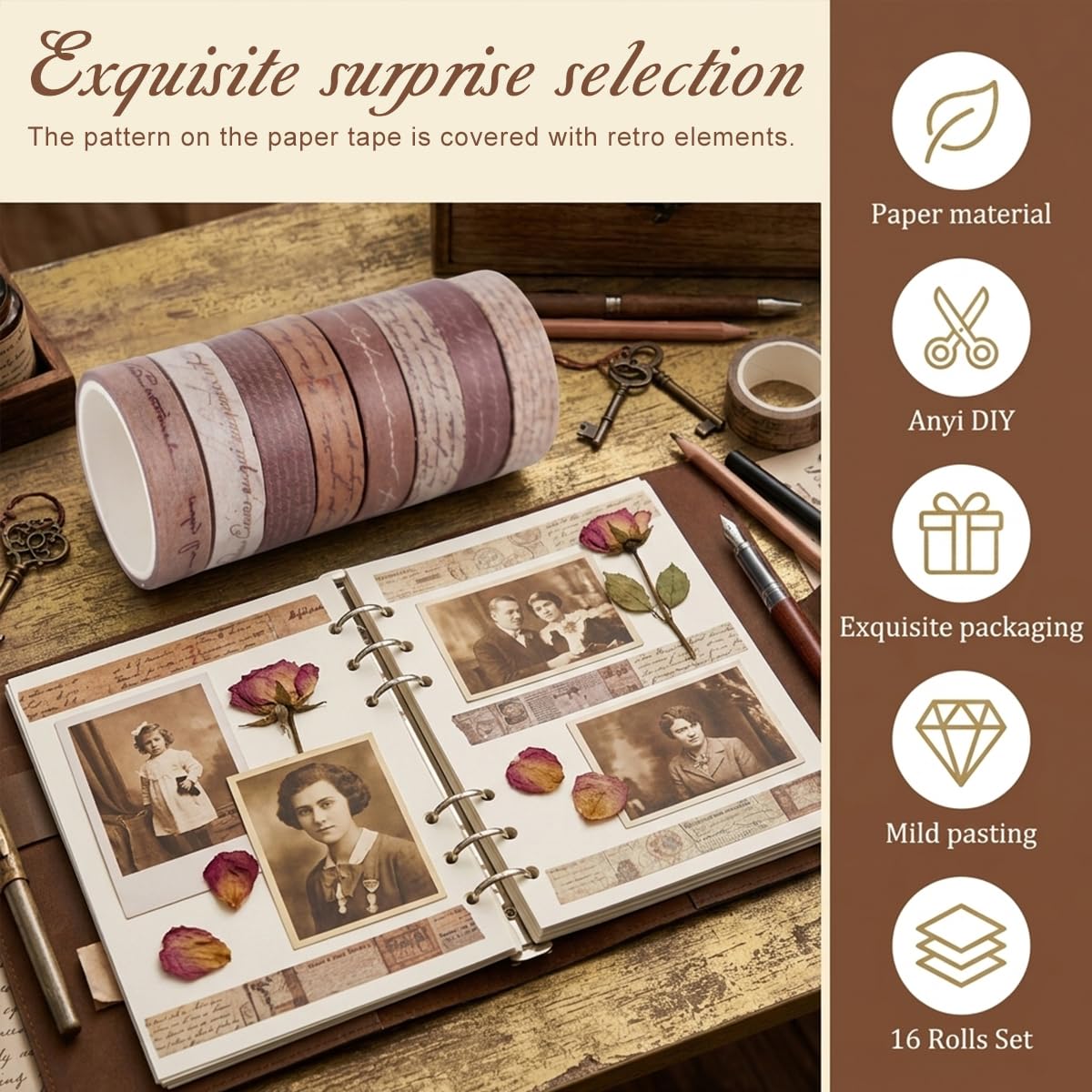 HASTHIP 16 Rolls Vintage Washi Tape Set with Handwritten Antique Patterns for Journals and Crafts