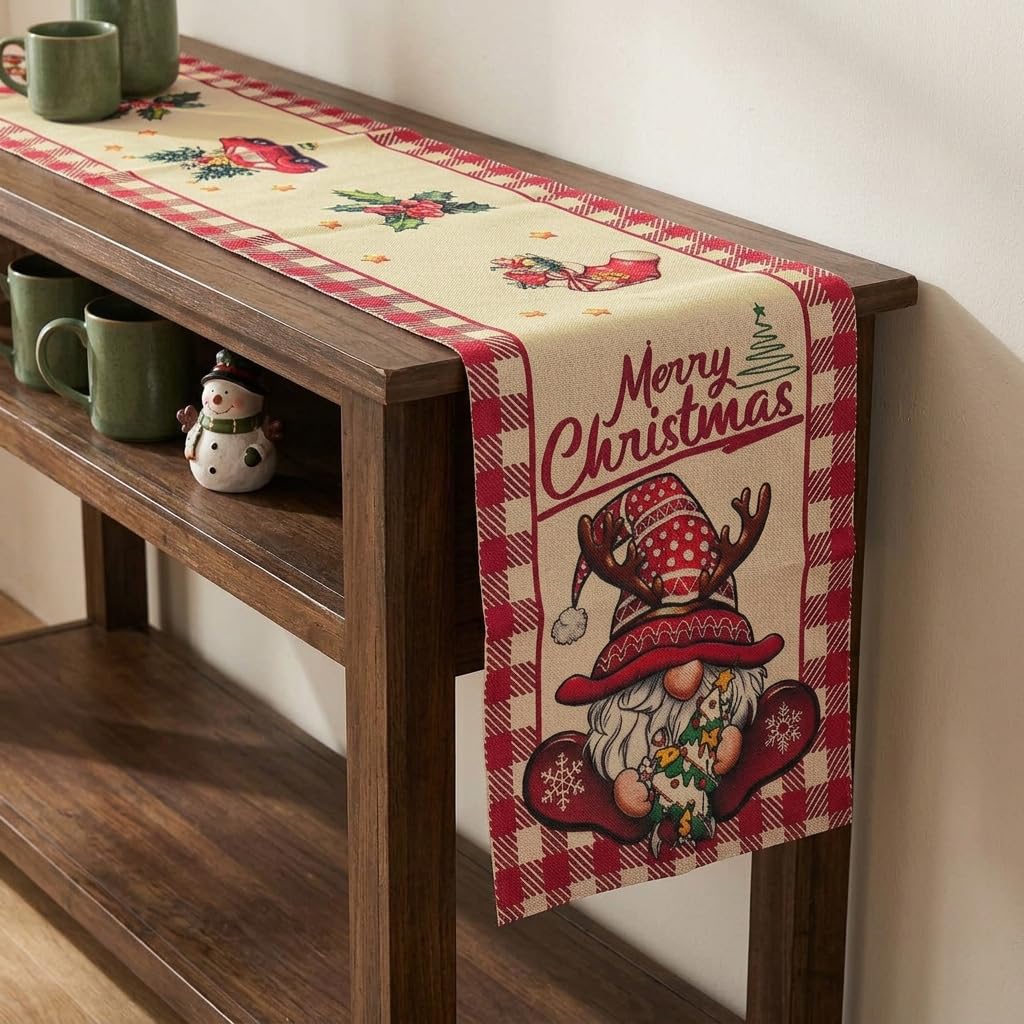 HASTHIP Plaid Snowflakes Christmas Table Runner in Linen Fabric for 4 to 6 Person Tables