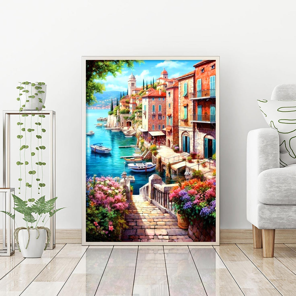 HASTHIP® Diamond Painting Kit 12x16 inch DIY Diamond Art Craft Kit Lakeside Town Scenery Diamond Painting Material Kit for Home Wall Decor Home Gift, with Tools and Accessories