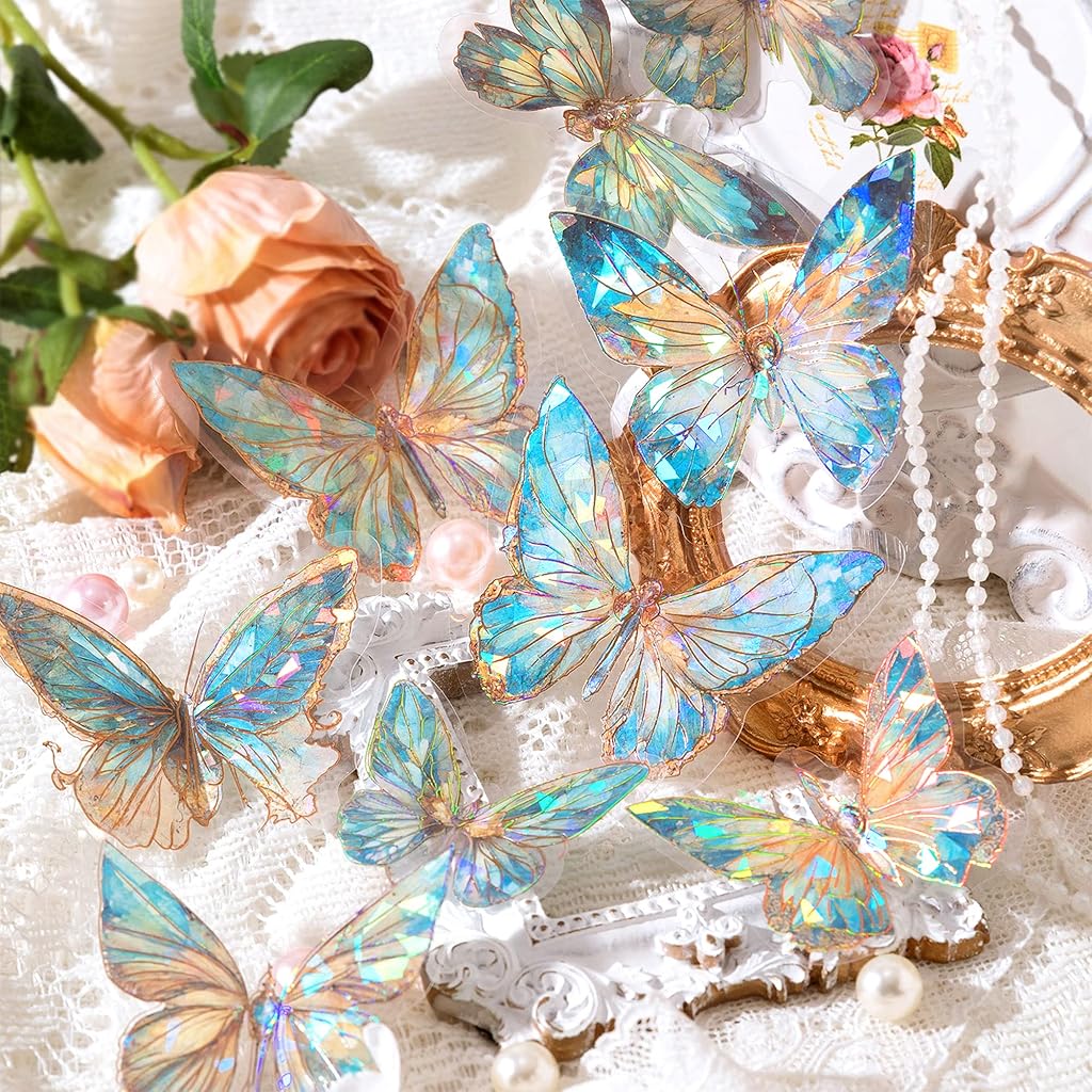 HASTHIP® Butterfly Stickers Set (80pcs) & 6 Rolls Floral Washi Tape Combo – Holographic Waterproof Scrapbooking, Journaling, Planner, DIY Art, Craft, Transparent Resin & PET Decorative Tapes