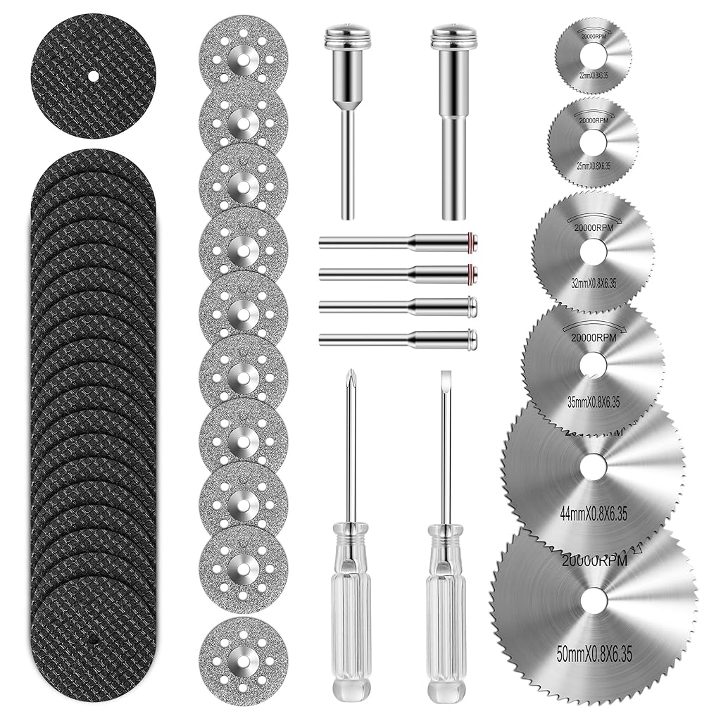 HASTHIP® WADY 44PCS Juego de Ruedas de Corte para Herramientas Rotativas,6 Hojas Sierra Circular HSS,20 Discos Corte Resina 10 Discos Diamante 545 2 Destornilladores Compatible con Plástico Madera