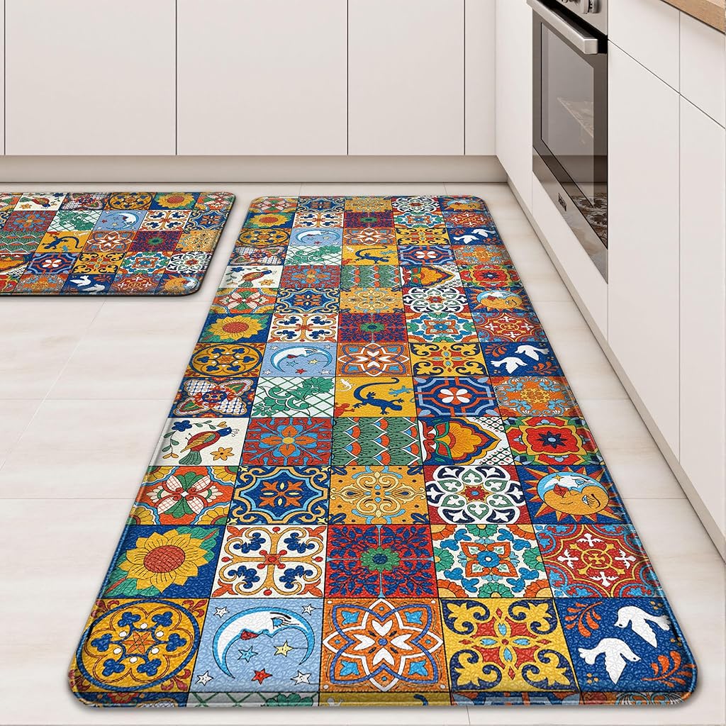 HASTHIP® Juego de 2 Tapetes de Cocina Antifatiga, Alfombrillas Antideslizantes Impermeables, Alfombras Acolchadas para Piso, Fregadero, Lavandería y Oficina, 44x70 + 44x120cm Azul