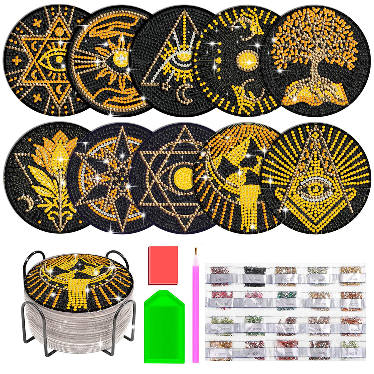 HASTHIP® 10Pcs DIY Diamond Painting Coasters Material Kit Creatvie Tarot Coasters set with Holder, Beginners DIY Diamond Art Kit with Accessories and Tools Diamond Painting Art Home Gift