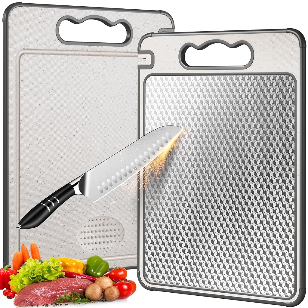 HASTHIP® 14.4 x9.8 inchs Double Sided 304 Wheat Straw & Steel Chopping Board with Whetstone Notch Anti-slip Cutting Board for Meat, Vegetable, Fruit, Deli