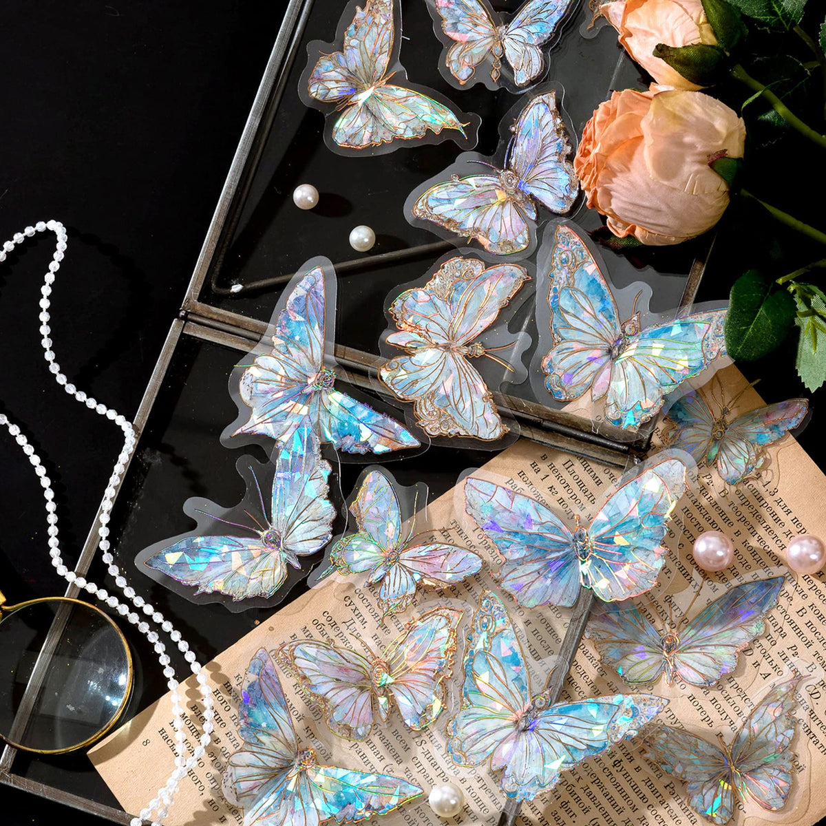 Butterfly Stickers Set - Ice Crystals Holographic Shiny Transparent Resin Waterproof Stickers Decals for Scrapbooking Supplies Bullet Journals Daily Planner Laptop (80 Pieces with 4 Themes)