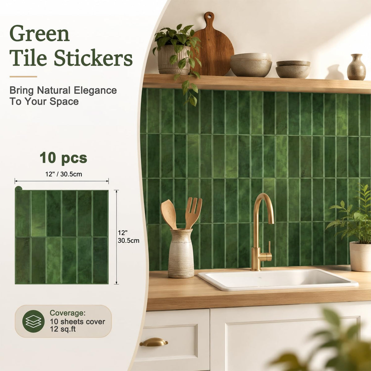 HASTHIP 10-Piece Green Peel-and-Stick Backsplash Tiles, Waterproof and Oil-Resistant