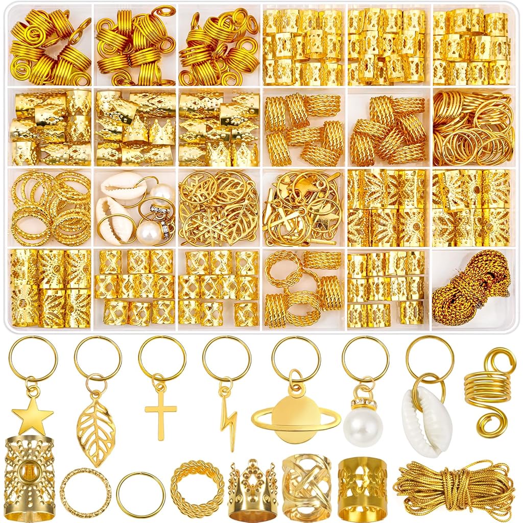 HASTHIP® Marca 259 Piezas Accesorios para Cabello Trenzado,Anillos de Trenza,Decoraciones de Metal Dorado y Plateado Cuentas para Dreadlocks Cuffs y Clips Trenzas Extensiones Joyas Mujeres Niñas Bod
