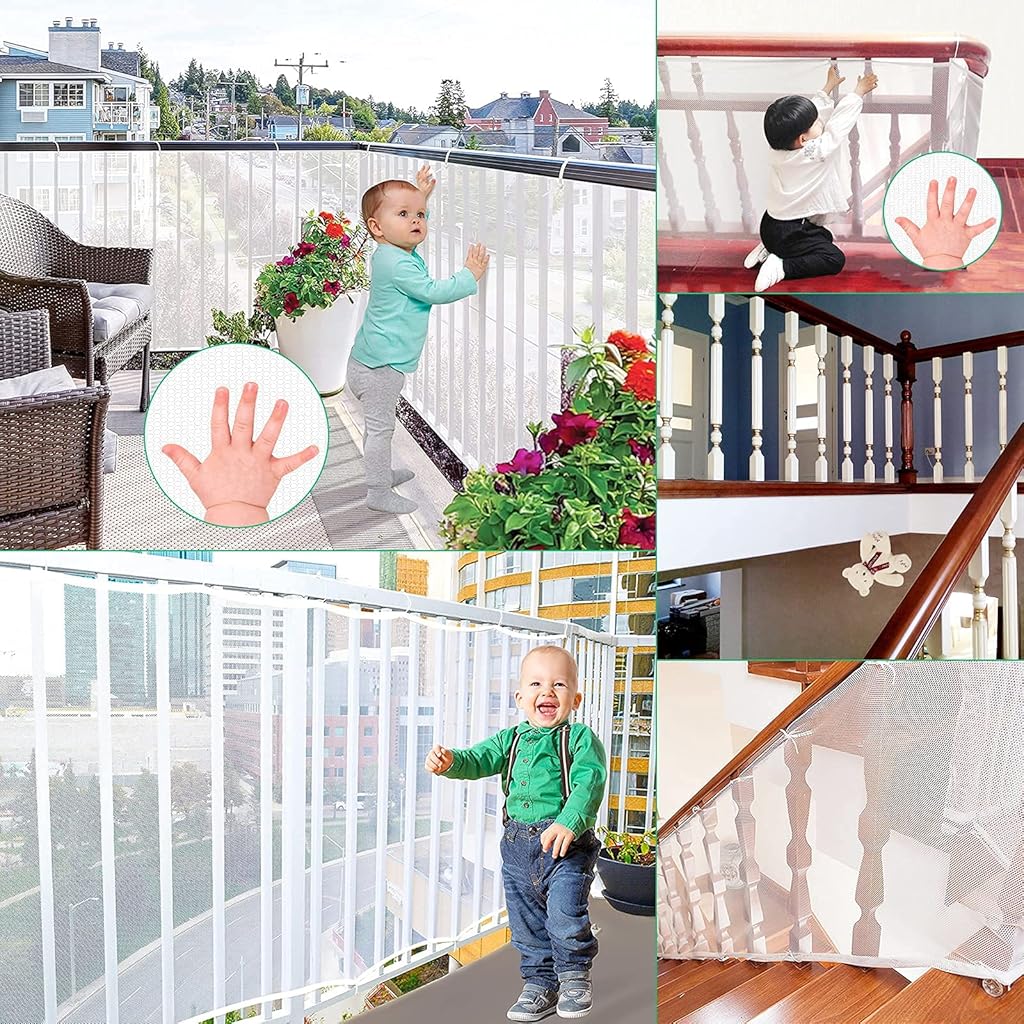HASTHIP® Red de Seguridad para Bebés en Balcón y Escaleras,Malla Protectora de Barandilla Ajustable,25 Cuerdas y 15 Hebillas Tejido Resistente Lavable Impermeable para Interior Exterior