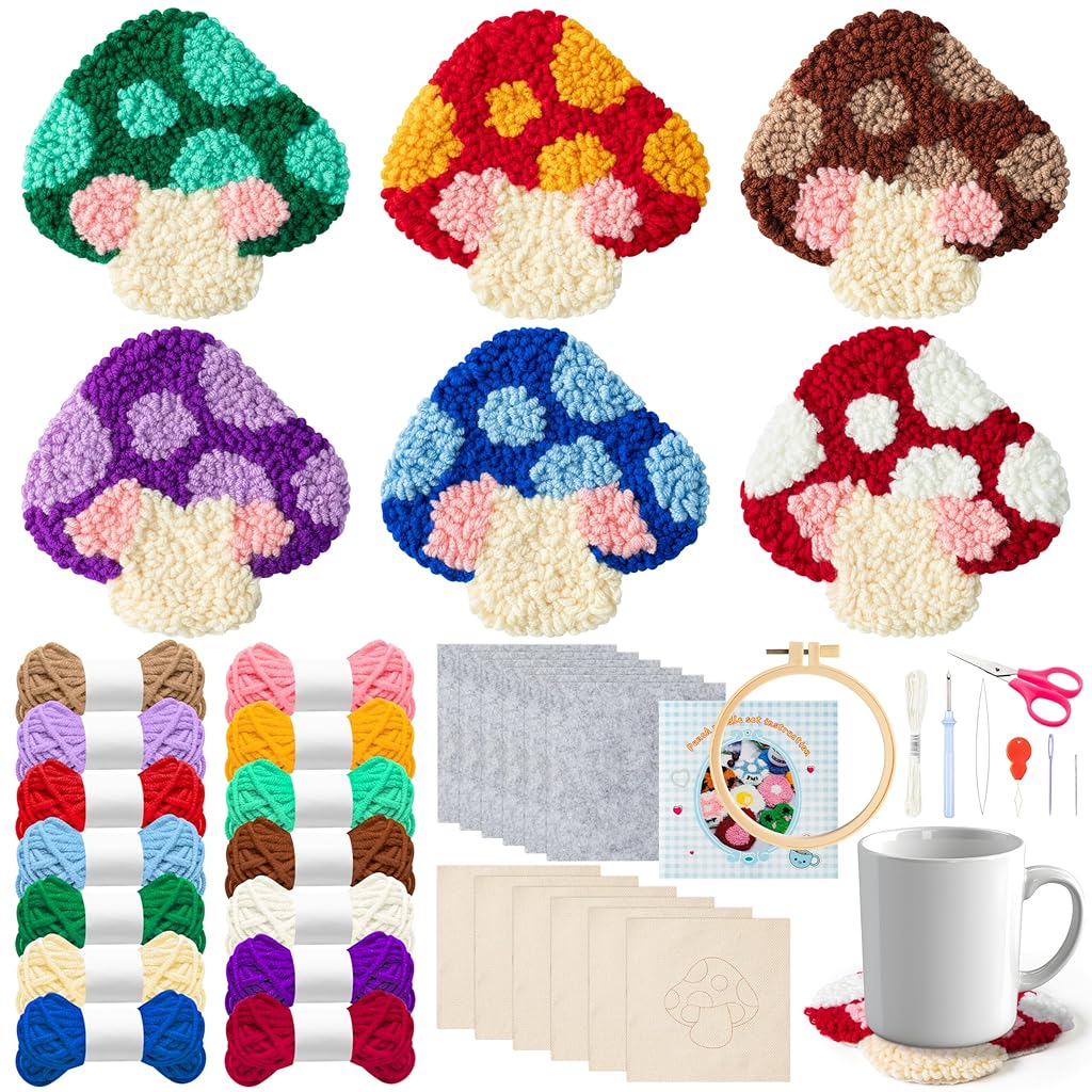 HASTHIP® PATPAT 6PCS Punch Needle Coaster Kit, DIY Embroidery Set for Adults & Kids, Colorful Mushroom Design, Includes Yarn, Needle, Embroidery Hoop & Tools, Handmade Art & Craft Gift