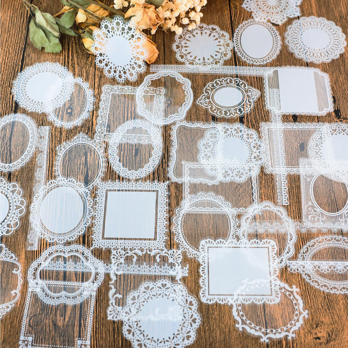 HASTHIP® Lace Scrapbook Stickers Transparent PET Lace Designs Waterproof Cutout Stickers for Journals Albums Crafts DIY Projects