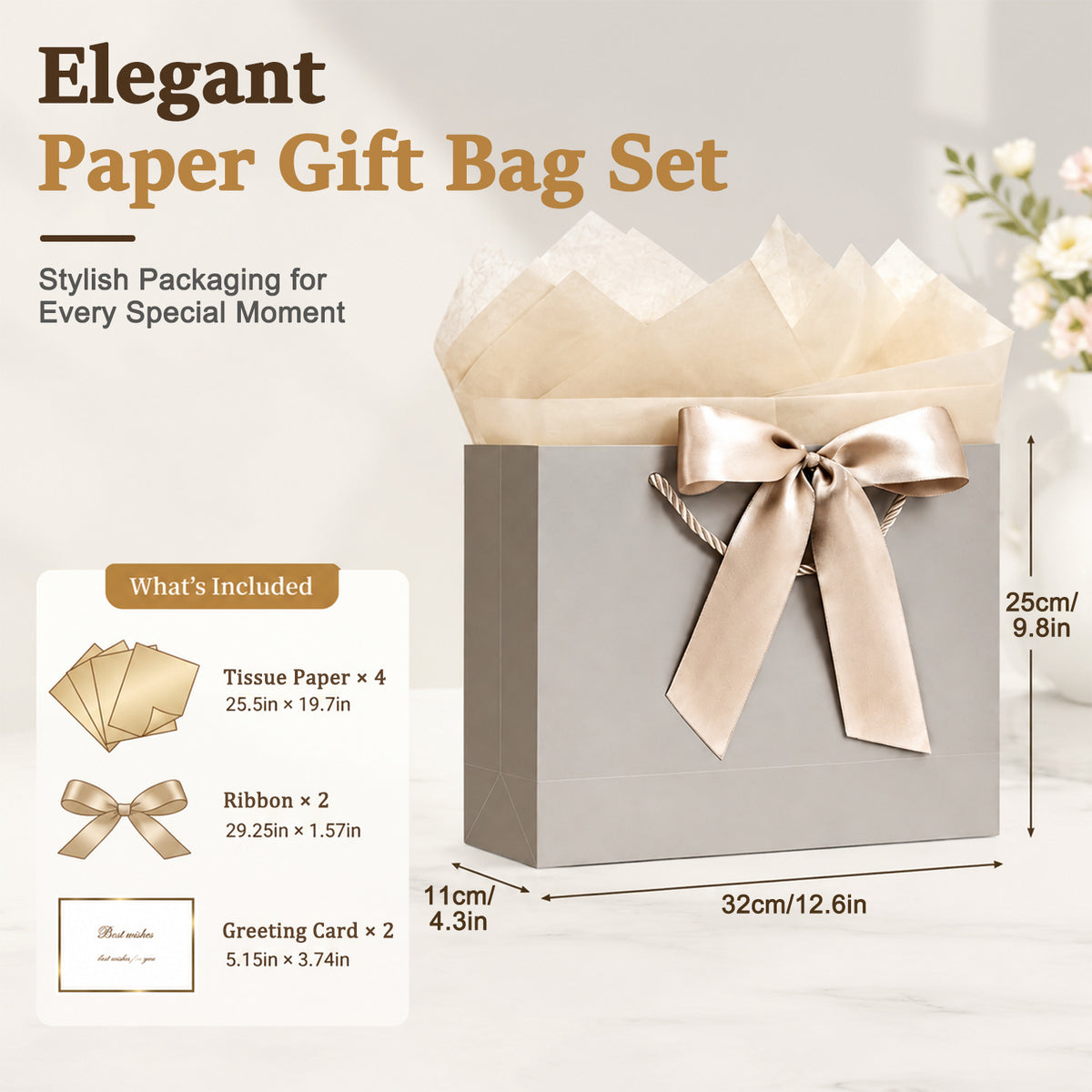 HASTHIP 2 Pack Medium Gift Bags with Tissue Paper, Ribbons and Greeting Cards for Celebrations