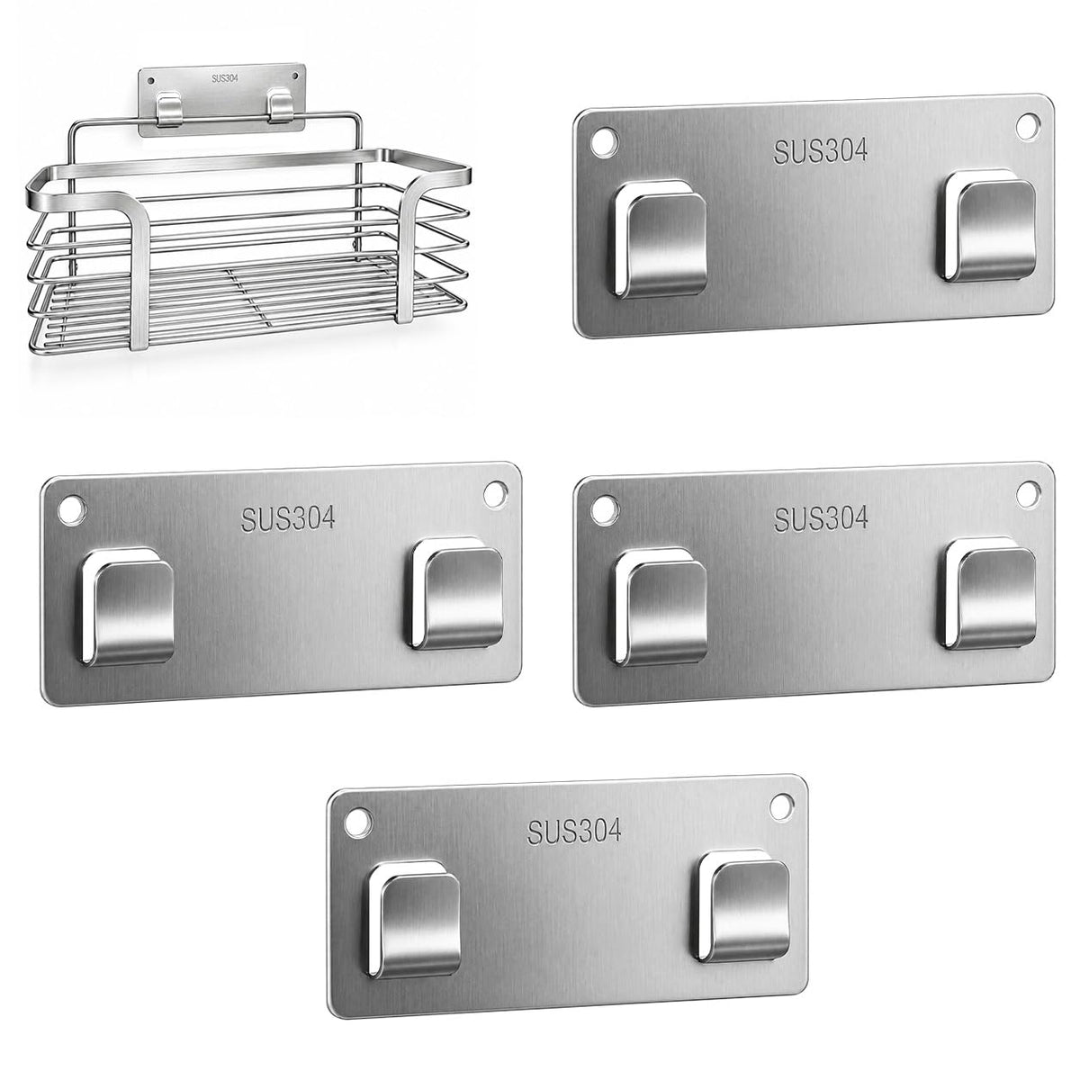 HASTHIP 304 Stainless Steel Adhesive Wall Hooks, 13cm No-Drill Design, 4-Pack, 25kg Each