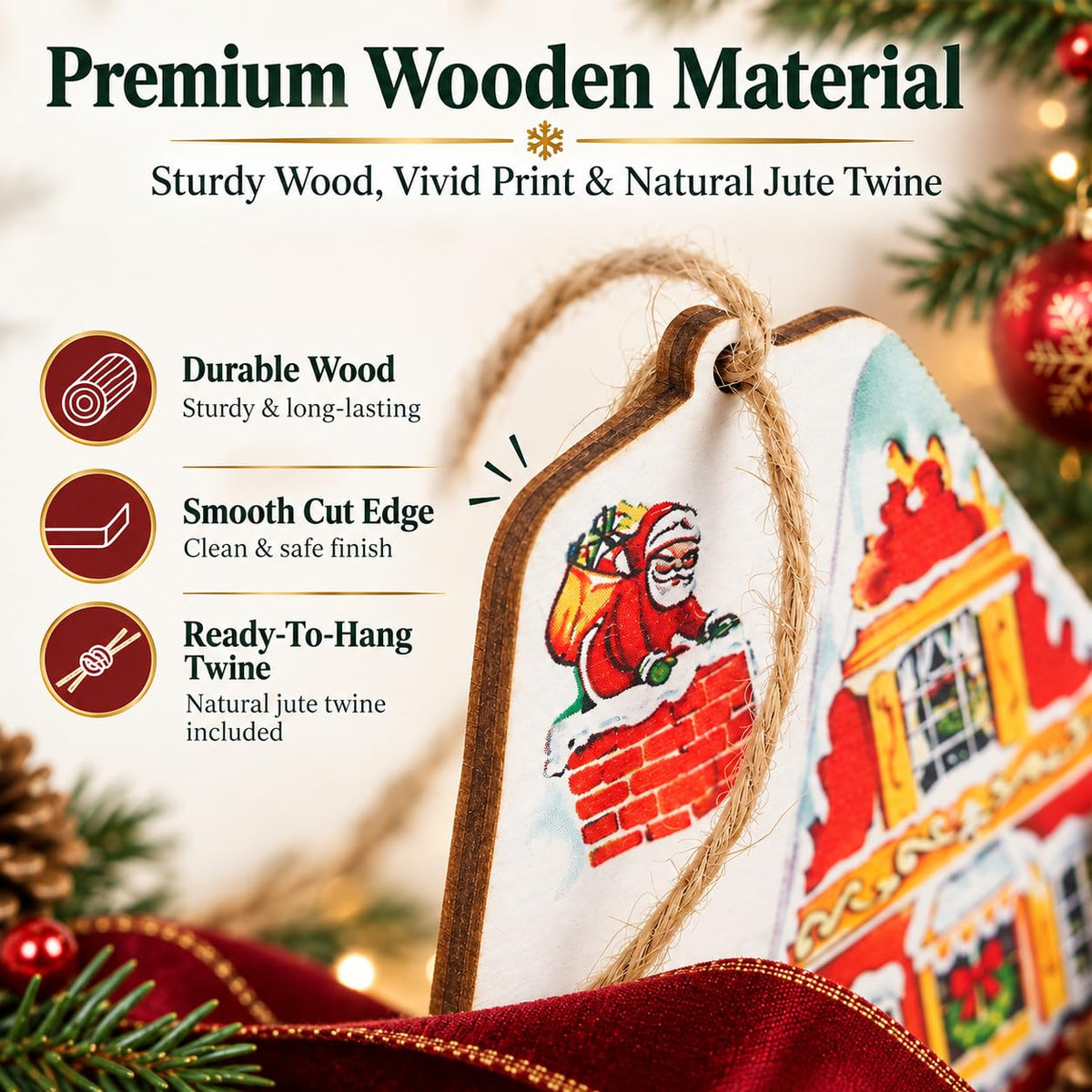 HASTHIP 20-Piece Wooden Christmas Tree Ornaments with Vintage Patterns, 8 cm Tall and Hanging Ropes