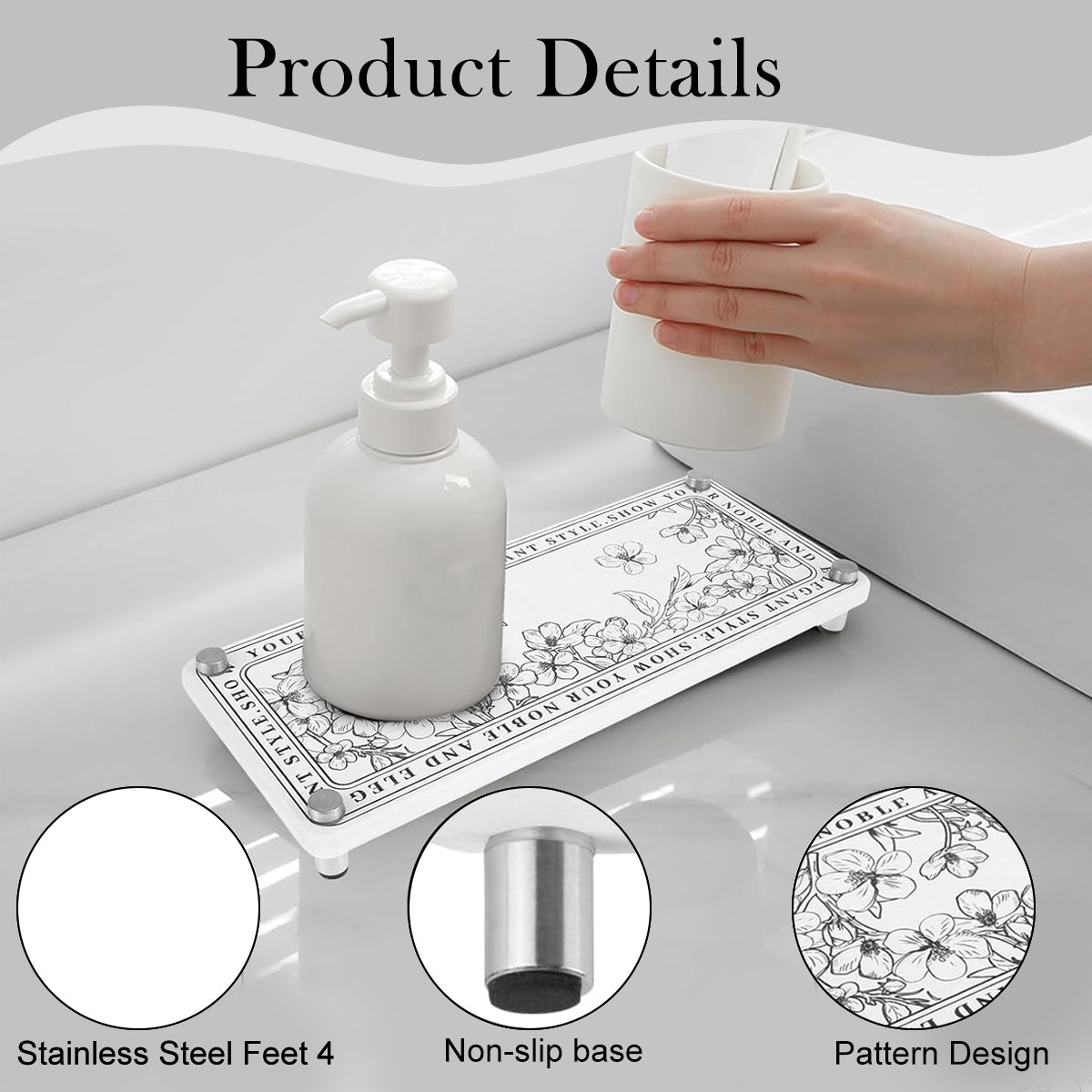 HASTHIP® Bathroom Toiletries Holder Elegant Print Countertop Organizer 25x10cm Small Diatom Mud Water Absorbing Storage Shelf Scented Candle Stand Multipurpose Shelf for Bathroom, Kitchen