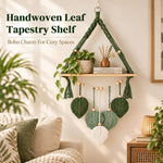 HASTHIP Boho Wall-Mounted Storage Shelf with Green Leaf Weaving, Tassel Trim and Wood Platform
