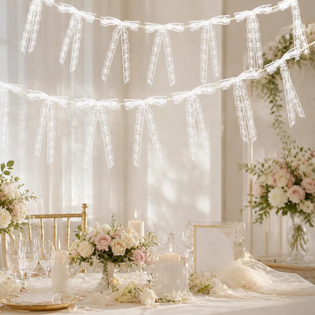 HASTHIP 2Pcs White Floral Lace Bow Garland Banners Hanging Decor with Removable Bows