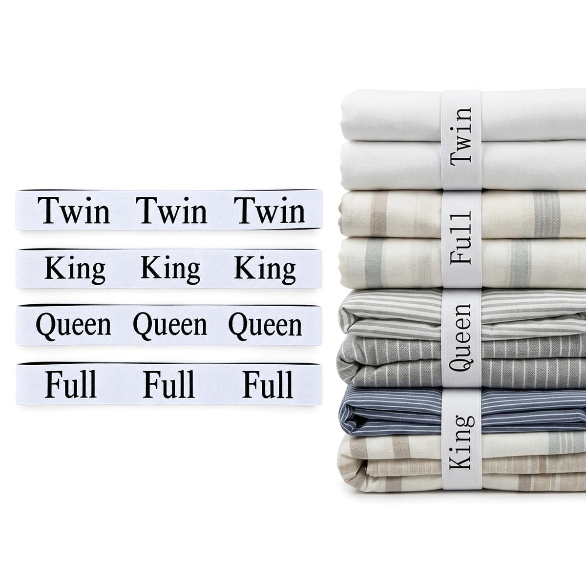 HASTHIP Bed Sheet Organizer Bands, 4-Pack Stretchy Fabric with Twin, Full, Queen and King Labels