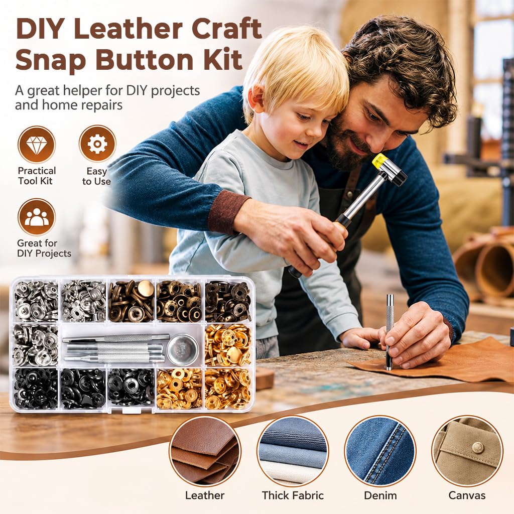 HASTHIP Metal Snap Fastener Kit, 120 Sets of 12.5 mm Snaps in 4 Finishes with Setting Tools and Hammer