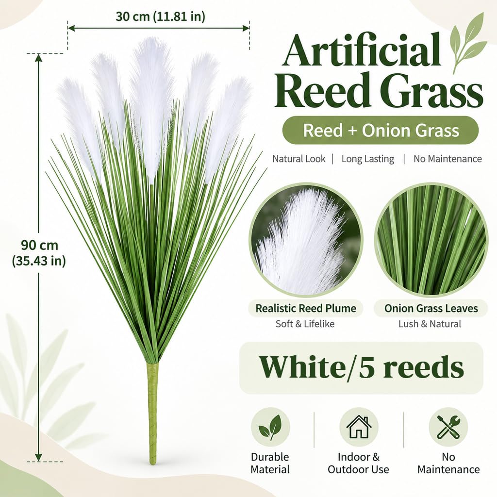 HASTHIP White Artificial Pampas Grass, 90 cm Decorative Stem with Five Fluffy Flowers for Vase Displays