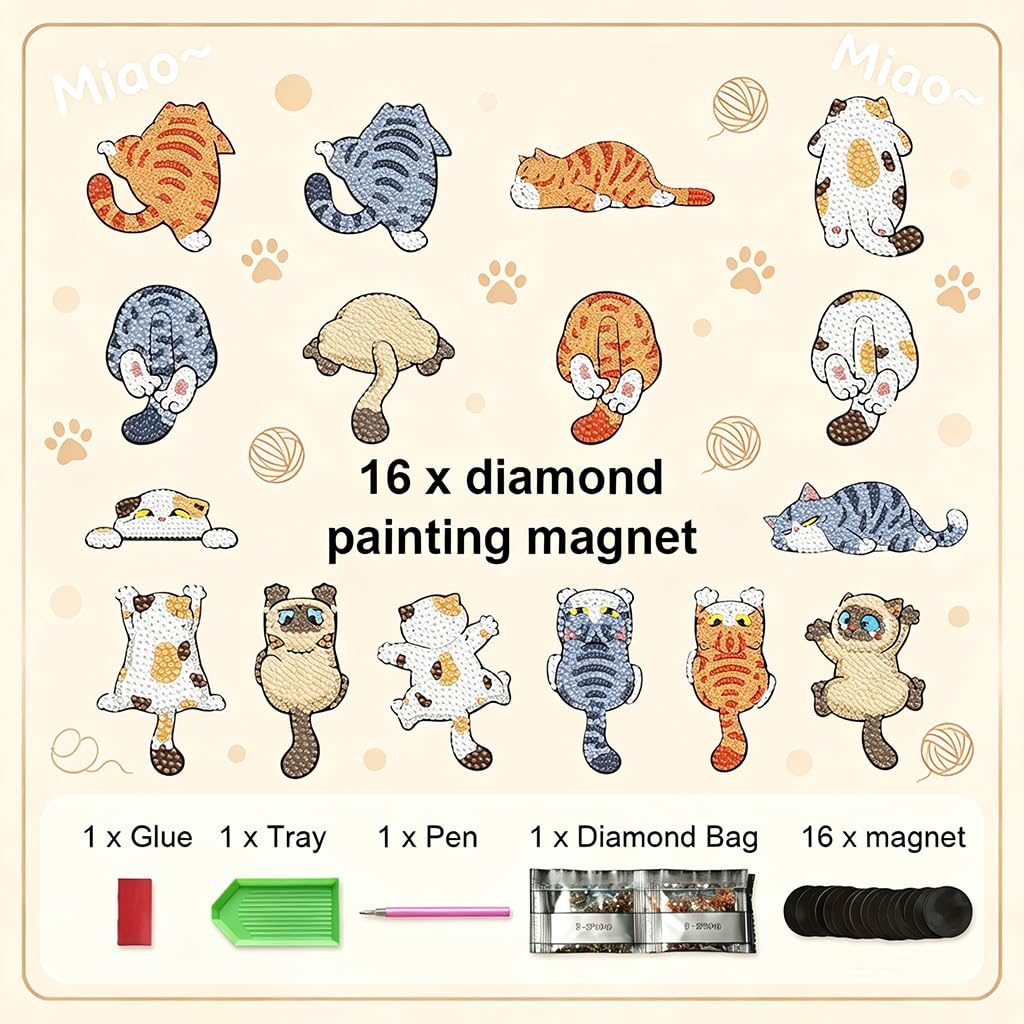 HASTHIP 16PCS Cartoon Kitty Diamond Art Fridge Magnet Kit with Rhinestones for Kids and Adults