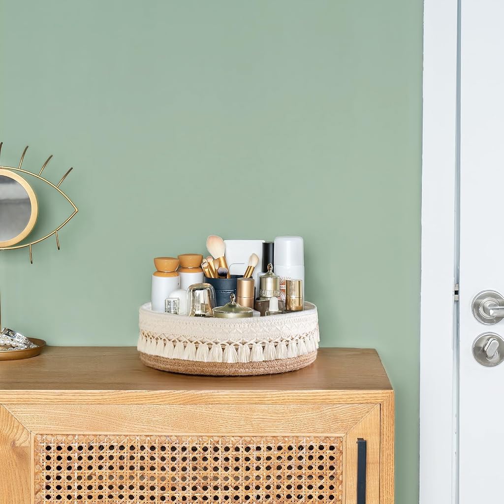HASTHIP Cotton and Jute Storage Basket, Handwoven Boho Organizer for Cosmetics and Daily Essentials