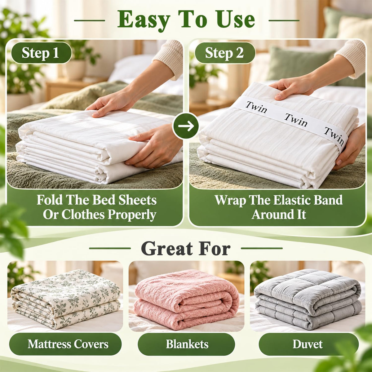 HASTHIP Bed Sheet Organizer Bands, 4-Pack Stretchy Fabric with Twin, Full, Queen and King Labels