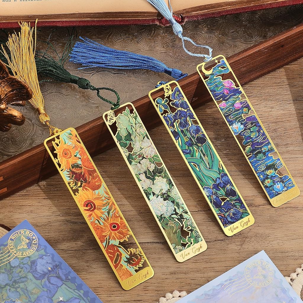 HASTHIP® Floral Metal Tassel Bookmarks, Set of 4Pcs Oil-paint Floral Embossing Cut-out Texturted Rose Flower Sunflower Reading Markers with Decorative Post Cards, 2.2x10.8cm