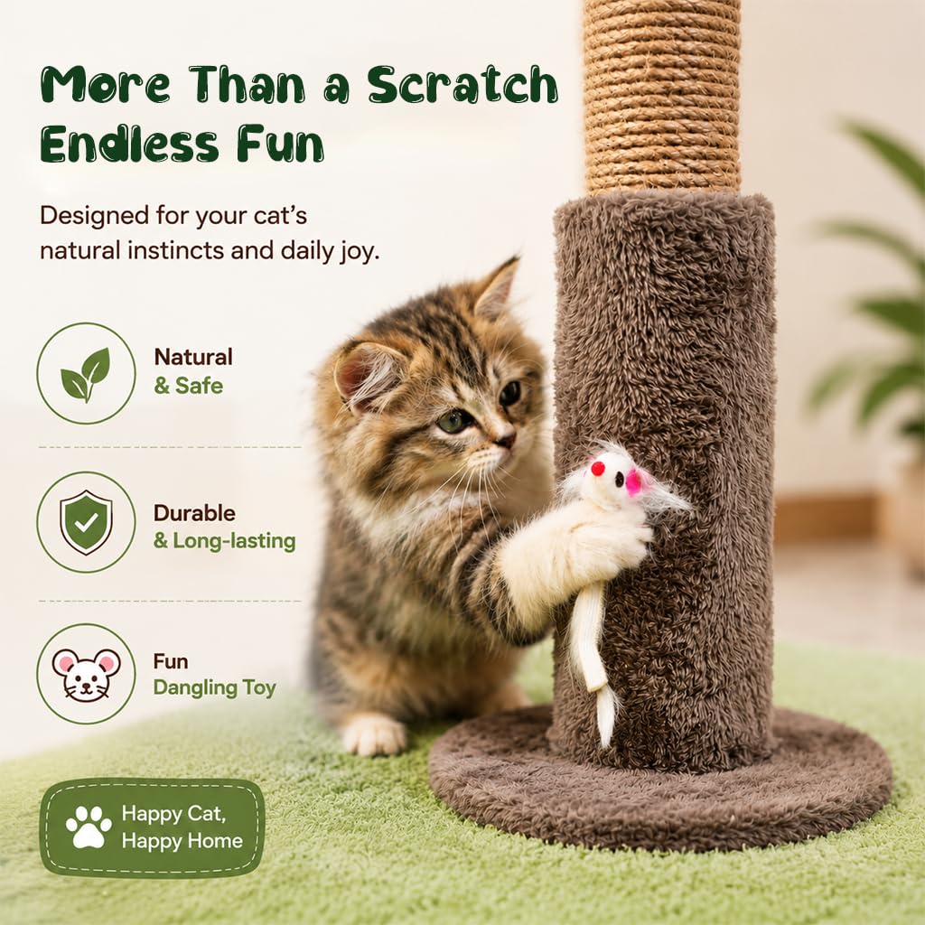 HASTHIP® Cat Scratching Post for Indoor Cats and Kittens, 35.43'' Tall Sisal Rope Palm Tree Scratch Post with Hanging Ball Toy, Sturdy Cat Tower for Exercise and Claw Care, Brown