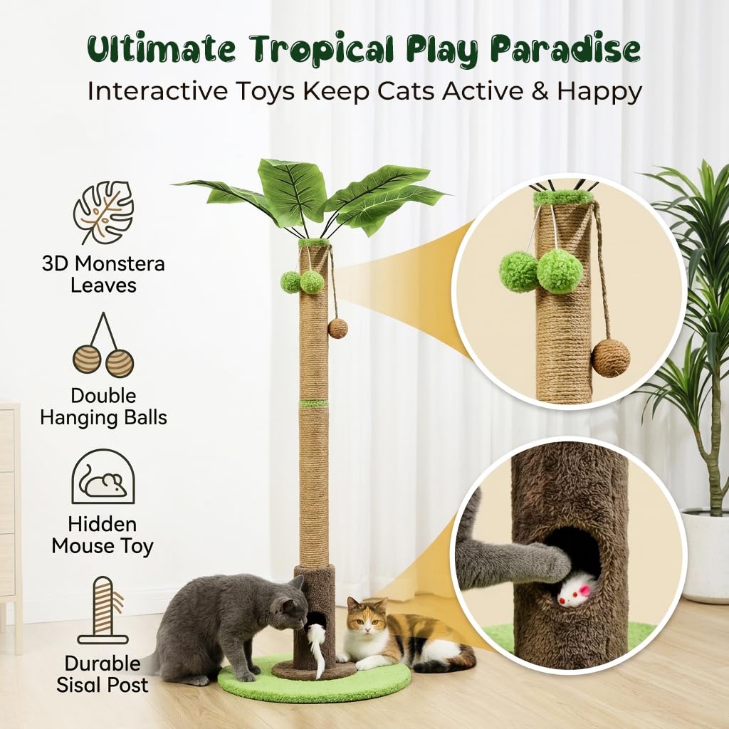 HASTHIP® Cat Scratching Post for Indoor Cats and Kittens, 35.43'' Tall Sisal Rope Palm Tree Scratch Post with Hanging Ball Toy, Sturdy Cat Tower for Exercise and Claw Care, Brown