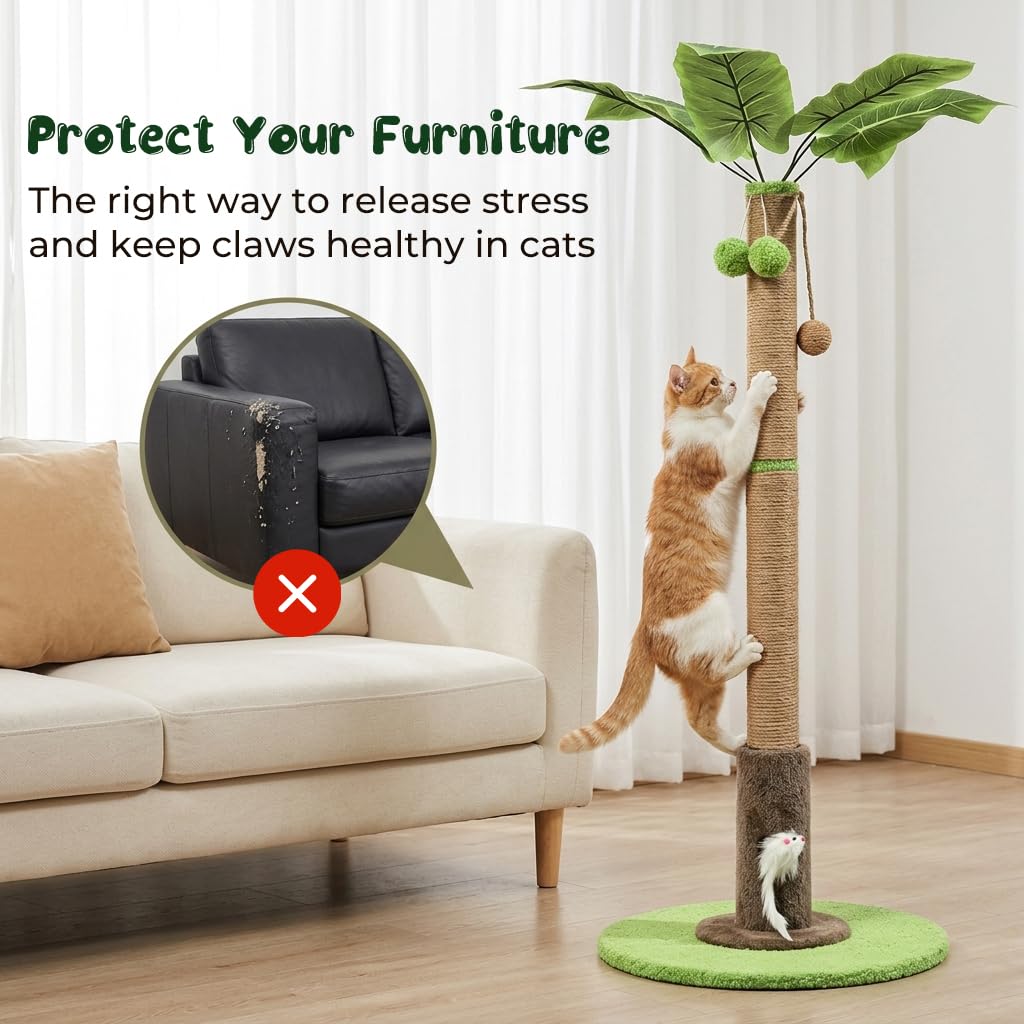 HASTHIP® Cat Scratching Post for Indoor Cats and Kittens, 35.43'' Tall Sisal Rope Palm Tree Scratch Post with Hanging Ball Toy, Sturdy Cat Tower for Exercise and Claw Care, Brown