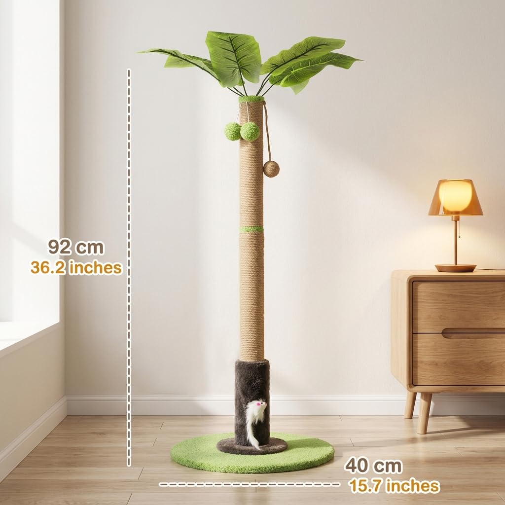 HASTHIP® Cat Scratching Post for Indoor Cats and Kittens, 35.43'' Tall Sisal Rope Palm Tree Scratch Post with Hanging Ball Toy, Sturdy Cat Tower for Exercise and Claw Care, Brown